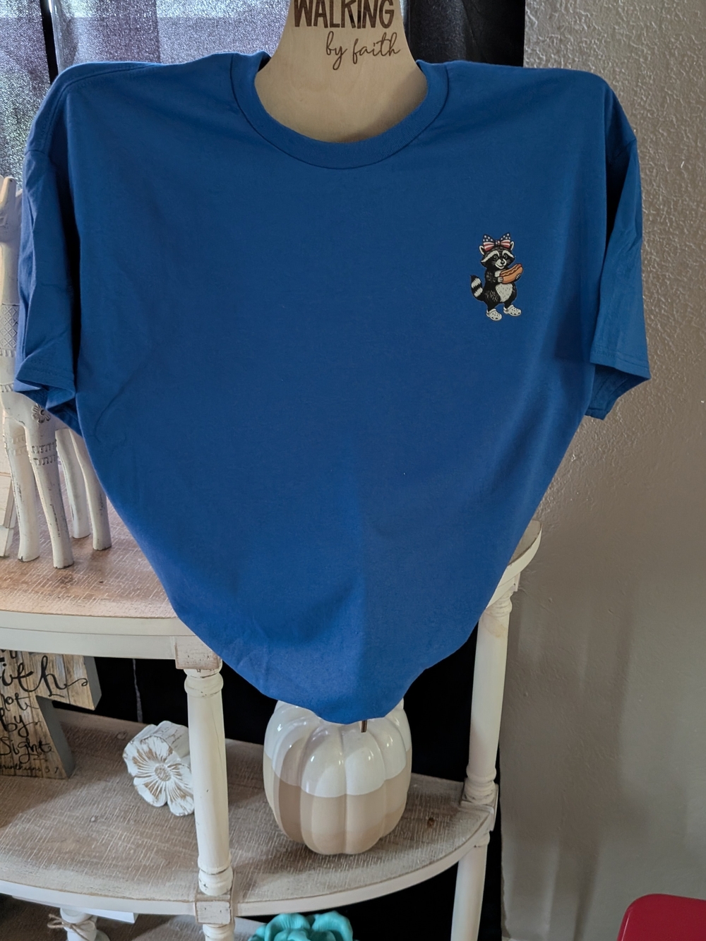 Gildan Short Sleeve Tee in Bright Blue with Racoon Patch